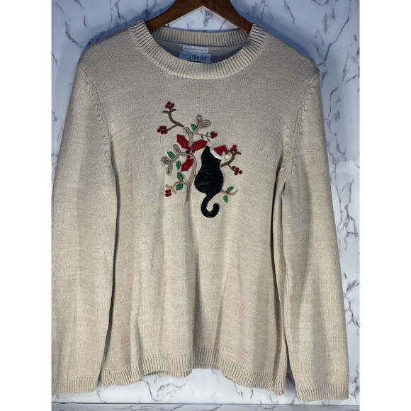 Vintage CJ Banks Women’s Hand Embroidered Cream Holiday Cat Sweater Size 1X - Picture 1 of 4